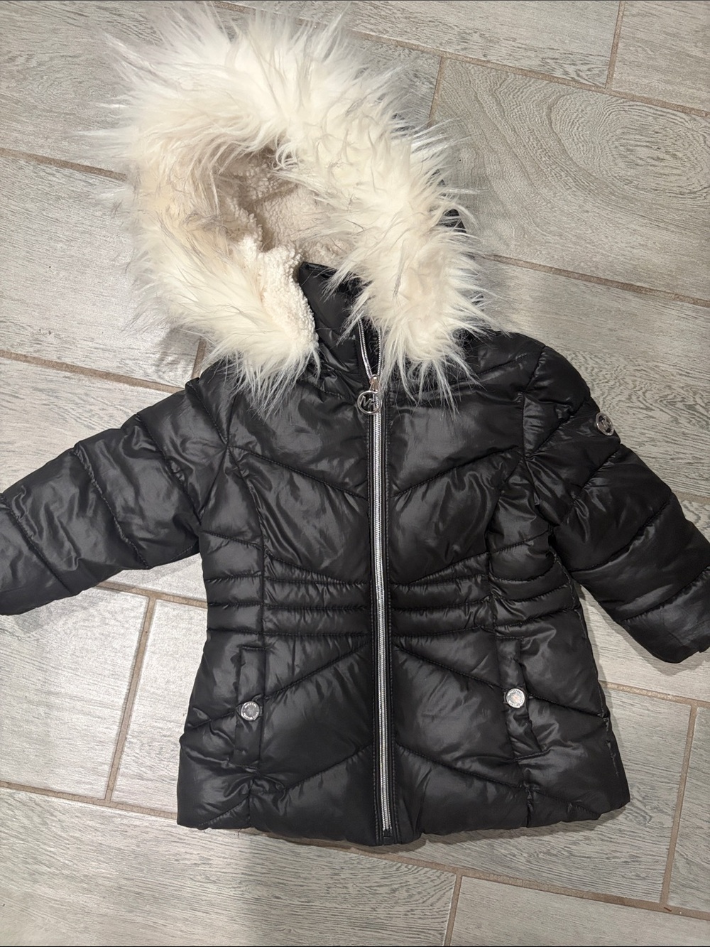 Michael Kors Toddler Black Puffer Coat with Faux Fur Hood